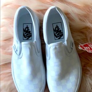 Vans white checkered slip ons